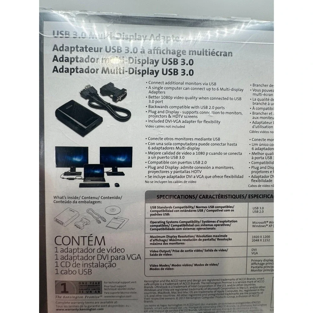 Kensington A1520A USB 3.0 Multi-Display Adapter DVI VGA 1080p Black New